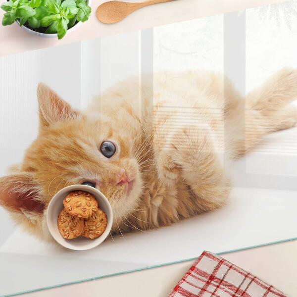 Deska kuchenna szklana z grafiką rudego kotka na białym tle