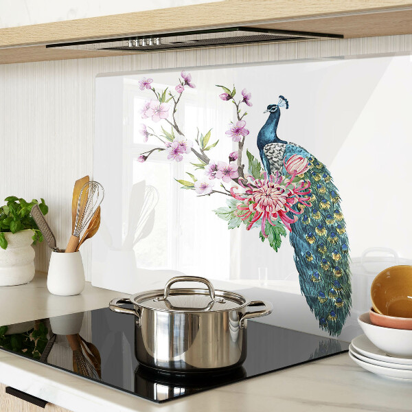 Szklana deska kuchenna z motywem pawia i kwiatów
