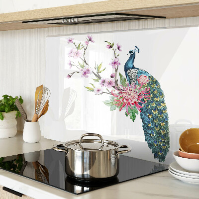 Szklana deska kuchenna z motywem pawia i kwiatów