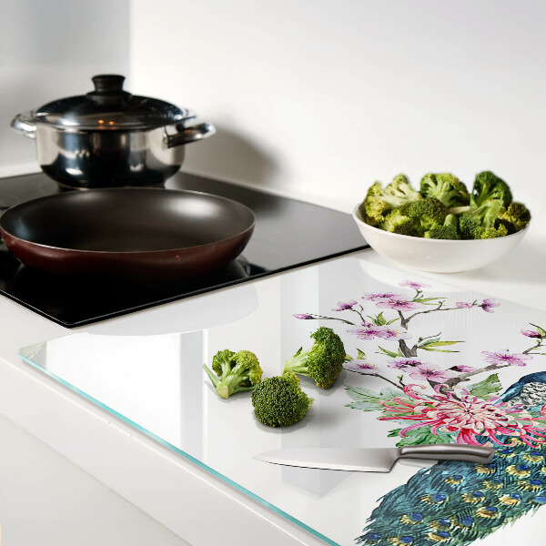 Szklana deska kuchenna z motywem pawia i kwiatów