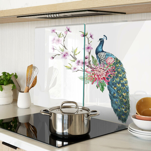 Szklana deska kuchenna z motywem pawia i kwiatów