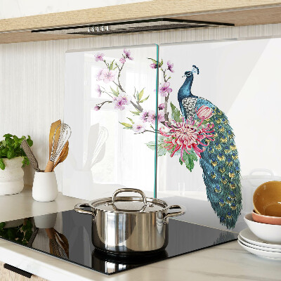 Szklana deska kuchenna z motywem pawia i kwiatów