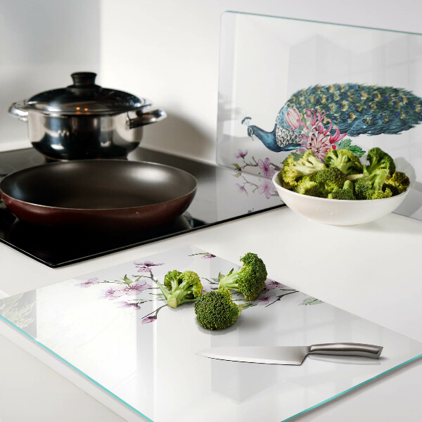 Szklana deska kuchenna z motywem pawia i kwiatów