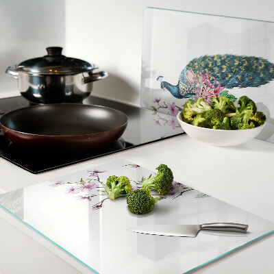 Szklana deska kuchenna z motywem pawia i kwiatów