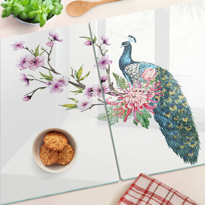 Szklana deska kuchenna z motywem pawia i kwiatów