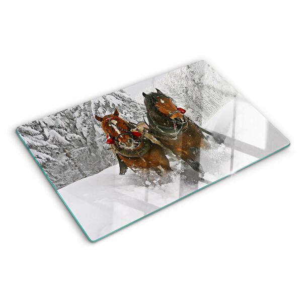 Szklana deska kuchenna z motywem koni pociągowych w śniegu