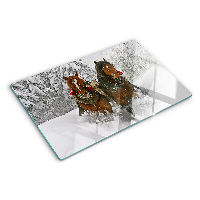 Szklana deska kuchenna z motywem koni pociągowych w śniegu