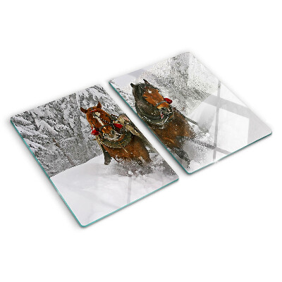 Szklana deska kuchenna z motywem koni pociągowych w śniegu