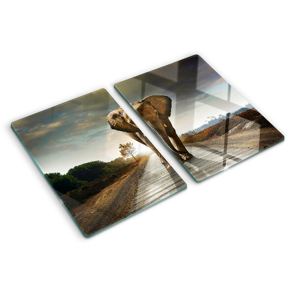 Deska kuchenna szklana z grafiką słonia na drodze o zachodzie słońca