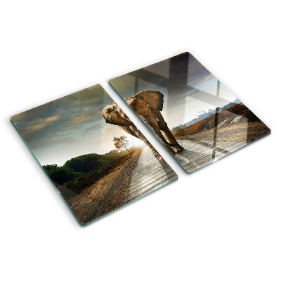 Deska kuchenna szklana z grafiką słonia na drodze o zachodzie słońca