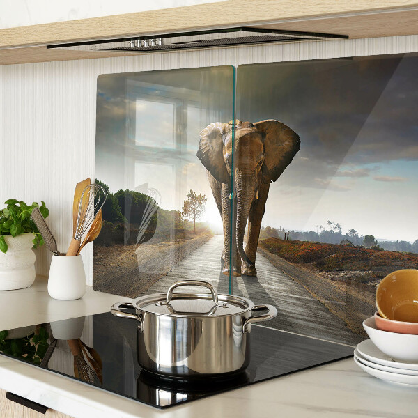 Deska kuchenna szklana z grafiką słonia na drodze o zachodzie słońca