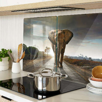 Deska kuchenna szklana z grafiką słonia na drodze o zachodzie słońca