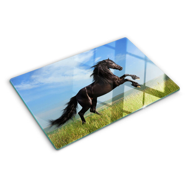 Deska kuchenna szklana z motywem czarnego konia na łące