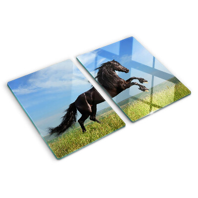 Deska kuchenna szklana z motywem czarnego konia na łące