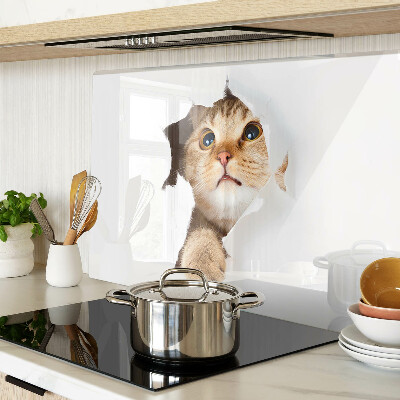 Deska kuchenna szklana z nadrukiem przedstawiającym kota patrzącego przez dziurę w ścianie