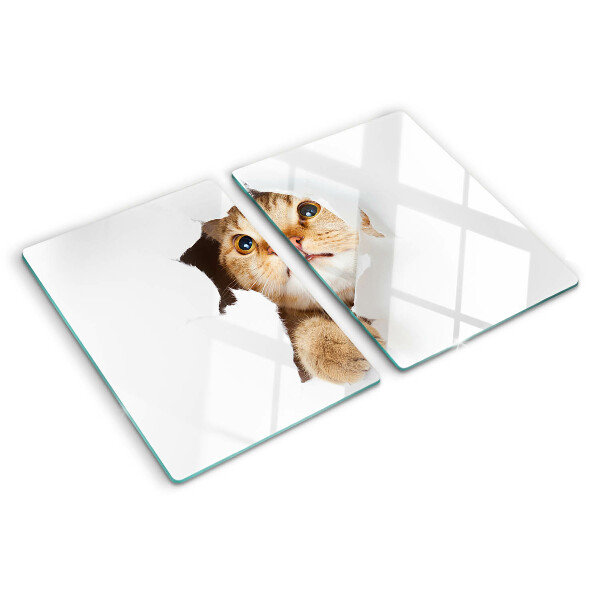 Deska kuchenna szklana z nadrukiem przedstawiającym kota patrzącego przez dziurę w ścianie