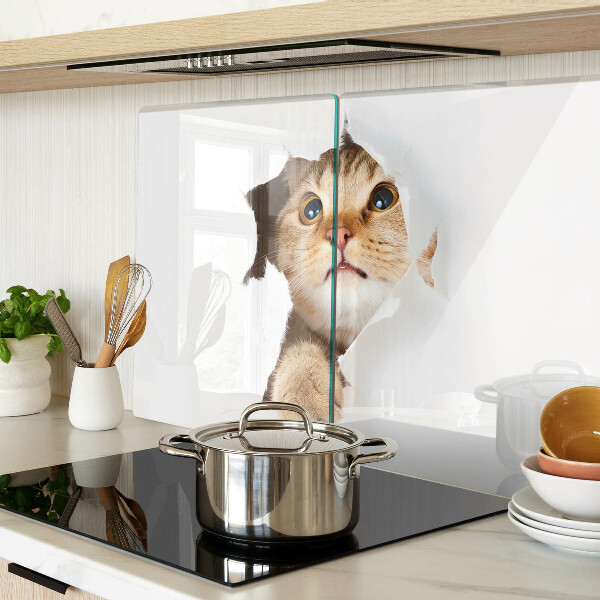 Deska kuchenna szklana z nadrukiem przedstawiającym kota patrzącego przez dziurę w ścianie