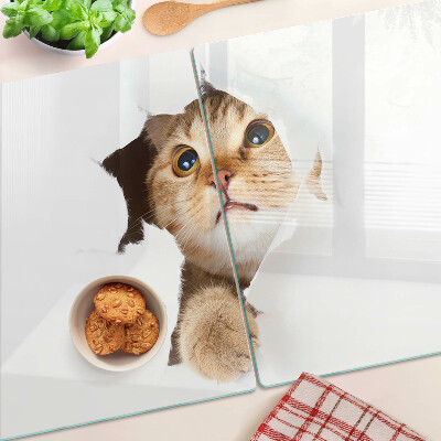 Deska kuchenna szklana z nadrukiem przedstawiającym kota patrzącego przez dziurę w ścianie