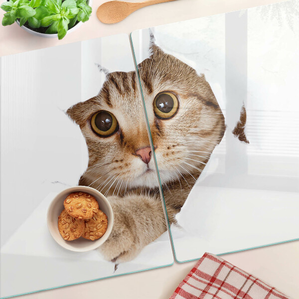 Szklana deska do krojenia z motywem kota wychodzącego z dziury