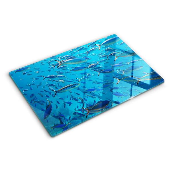 Szklana deska do krojenia z nadrukiem przedstawiającym ławicę ryb w przejrzystej wodzie