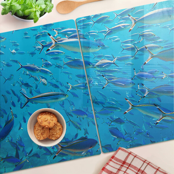 Szklana deska do krojenia z nadrukiem przedstawiającym ławicę ryb w przejrzystej wodzie