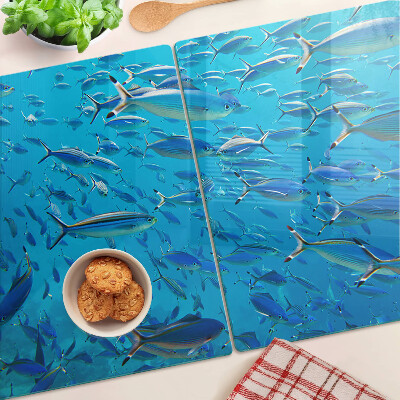 Szklana deska do krojenia z nadrukiem przedstawiającym ławicę ryb w przejrzystej wodzie