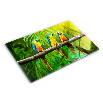 Szklana deska kuchenna z motywem papug siedzących na gałęzi w tropikalnym wnętrzu
