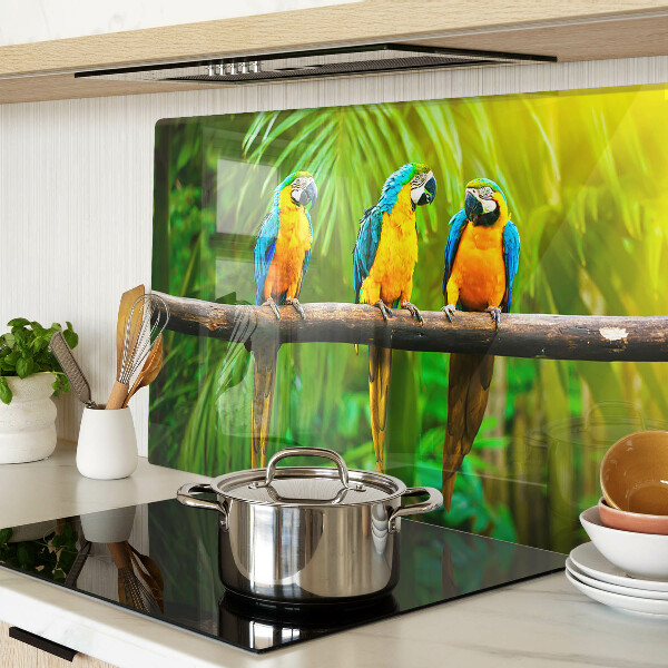 Szklana deska kuchenna z motywem papug siedzących na gałęzi w tropikalnym wnętrzu