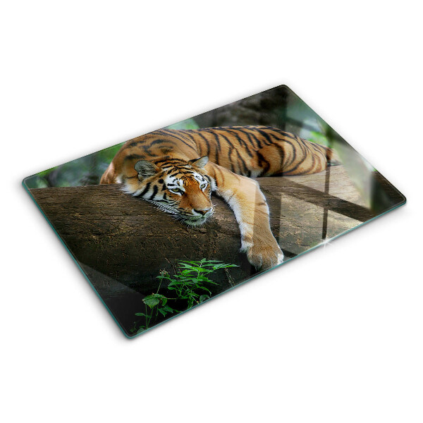 Deska kuchenna szklana z nadrukiem przedstawiającym tygrysa stojącego na pniu drzewa