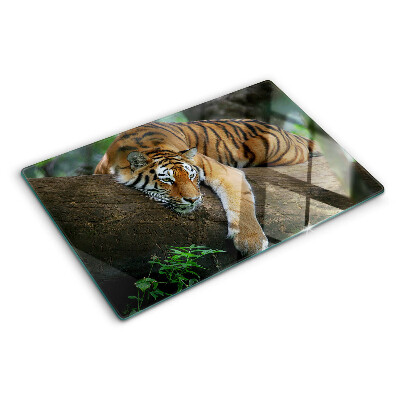Deska kuchenna szklana z nadrukiem przedstawiającym tygrysa stojącego na pniu drzewa