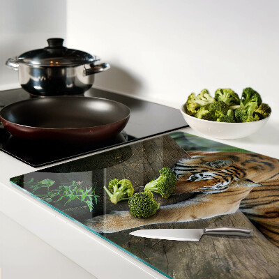 Deska kuchenna szklana z nadrukiem przedstawiającym tygrysa stojącego na pniu drzewa