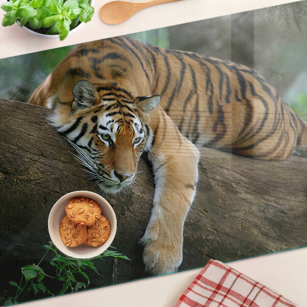 Deska kuchenna szklana z nadrukiem przedstawiającym tygrysa stojącego na pniu drzewa