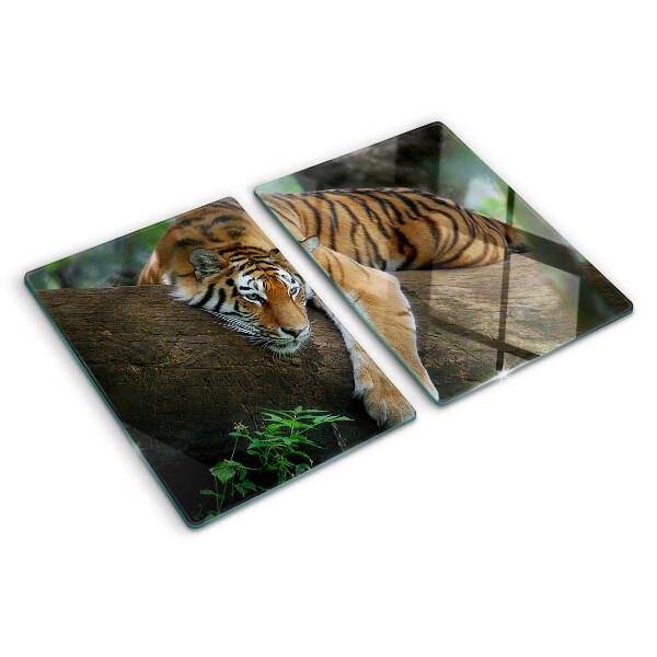 Deska kuchenna szklana z nadrukiem przedstawiającym tygrysa stojącego na pniu drzewa