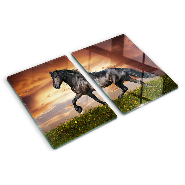 Szklana deska do krojenia z nadrukiem konia na tle zachodzącego słońca