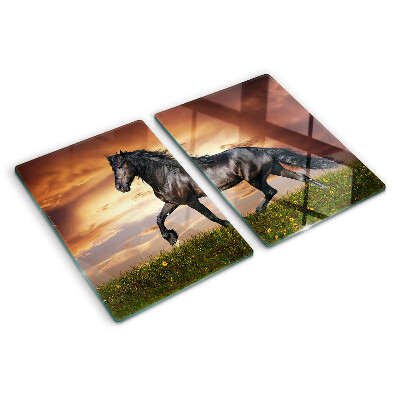 Szklana deska do krojenia z nadrukiem konia na tle zachodzącego słońca