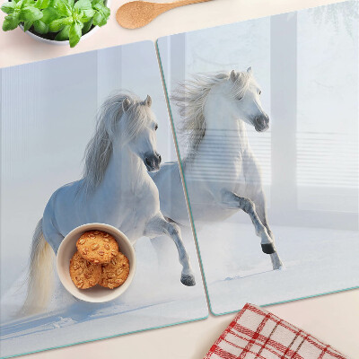 Szklana deska kuchenna z nadrukiem przedstawiającym dwa białe konie w szaleńczym galopie
