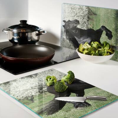 Szklana deska do krojenia z motywem czarnego konia na łące