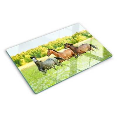 Deska kuchenna szklana z grafiką przedstawiającą spotkanie koni na polu