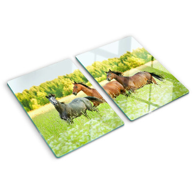Deska kuchenna szklana z grafiką przedstawiającą spotkanie koni na polu