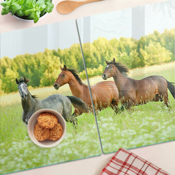 Deska kuchenna szklana z grafiką przedstawiającą spotkanie koni na polu