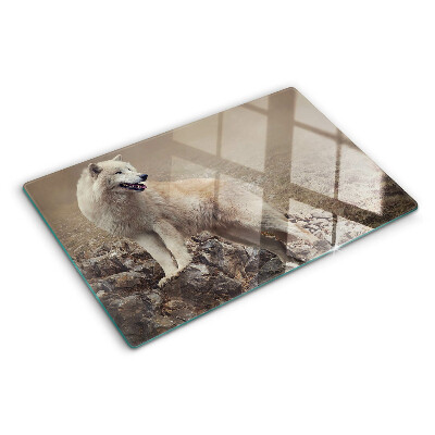 Szklana deska do krojenia z motywem wilka stojącego na skalistej górze