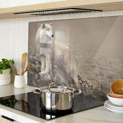 Szklana deska do krojenia z motywem wilka stojącego na skalistej górze