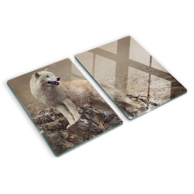 Szklana deska do krojenia z motywem wilka stojącego na skalistej górze