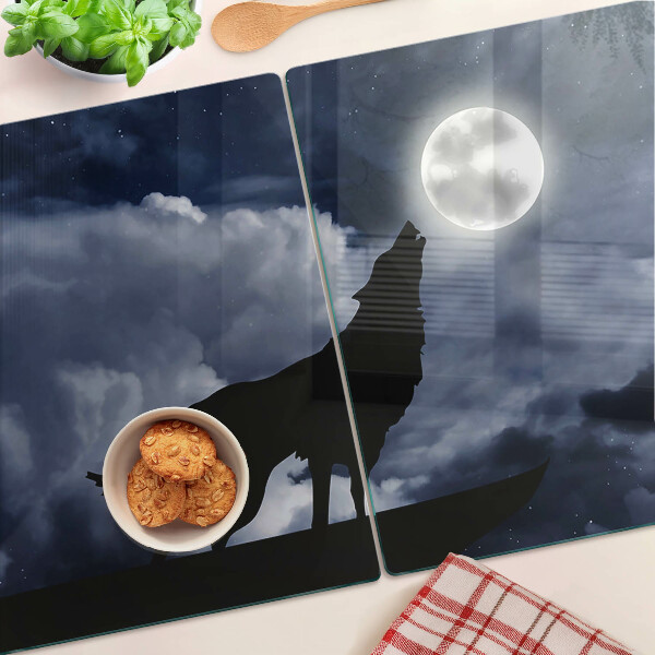 Szklana deska kuchenna z nadrukiem przedstawiającym wilka w blasku księżyca
