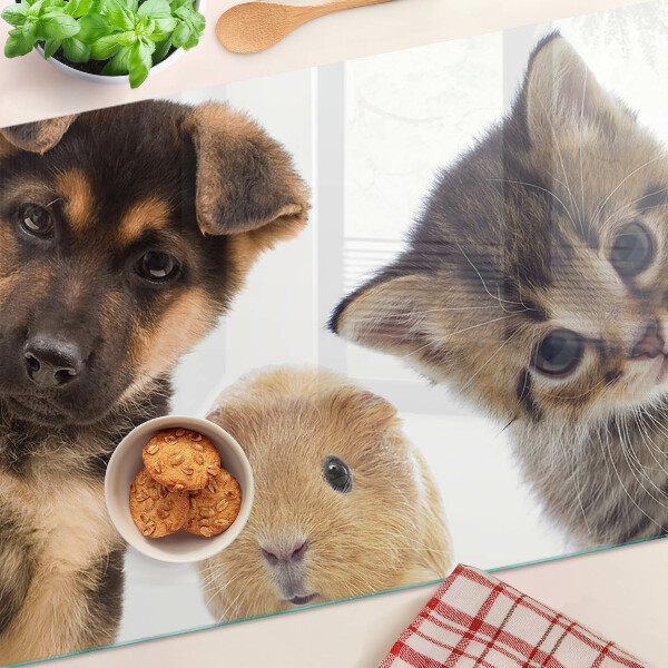 Deska kuchenna szklana z nadrukiem przedstawiającym psy, koty i króliki