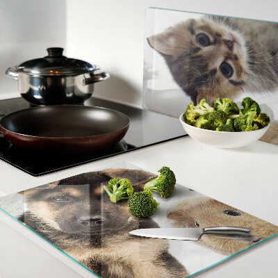 Deska kuchenna szklana z nadrukiem przedstawiającym psy, koty i króliki