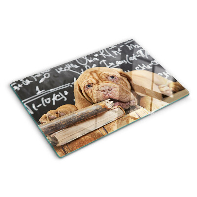 Szklana deska do krojenia z motywem psa z książkami i tablicą