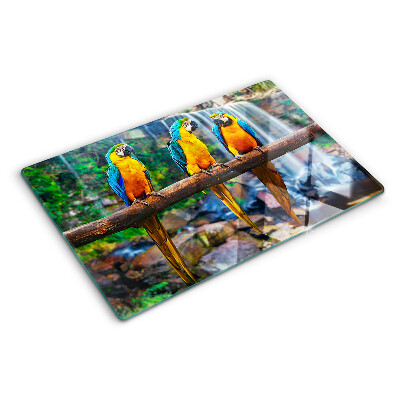 Szklana deska do krojenia z nadrukiem papug siedzących na gałęzi w tropikalnym lesie