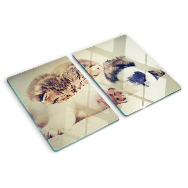 Deska kuchenna szklana z grafiką przedstawiającą koty i śpiącego pieska