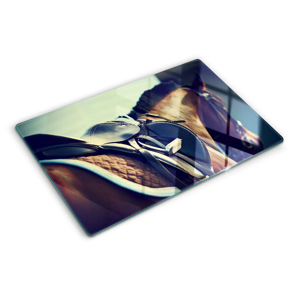 Deska kuchenna szklana z nadrukiem z motywem koni oraz praktycznymi akcesoriami jeździeckimi